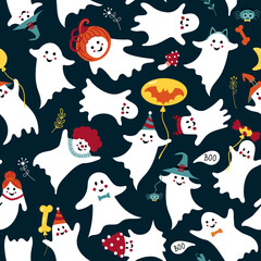 Cute ghost pattern. Seamless for Halloween with kids monsters. Funny spooky with balloons for background. Adorable spirit with hats. Set of Paranormal characters.