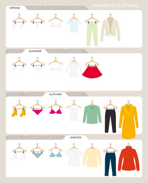 Vector different types of women's clothing according to the seasons.