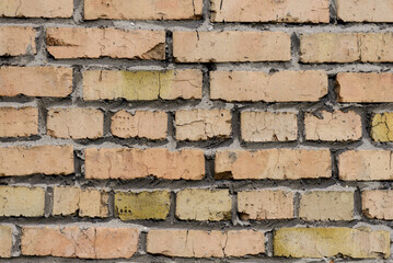 A wall of very old brick red-orange and brown with destruction. Texture