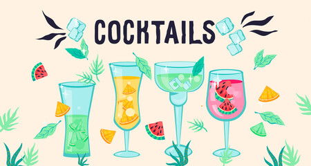 Summer cocktails and smoothie bar banner template for websites and posters. Refreshing drinks with fruit slices in wine glasses, flat vector illustration.