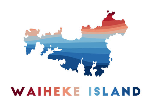 Waiheke Island map. Map of the island with beautiful geometric waves in red blue colors. Vivid Waiheke Island shape. Vector illustration.