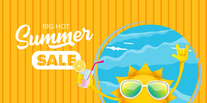 summer sale cartoon horizontal web banner or vector label with happy sun character wearing sunglasses and holding cocktail isolated on horizontal background