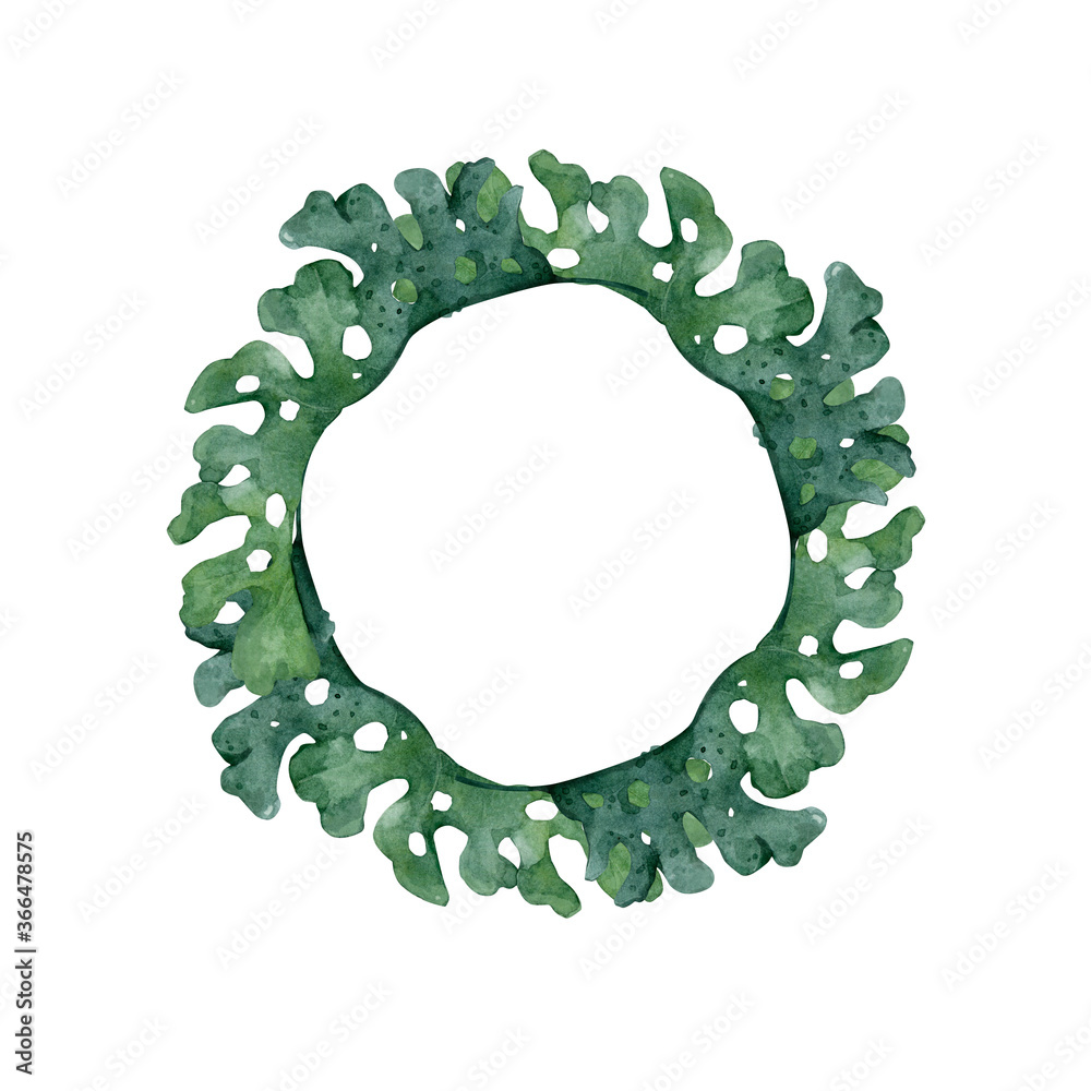 Wall mural Watercolor circle frame wreath and leaves. Floral banner on white background