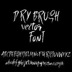 Hand drawn font made by dry brush strokes. Grunge style alphabet. Handwritten font. Vector illustration.