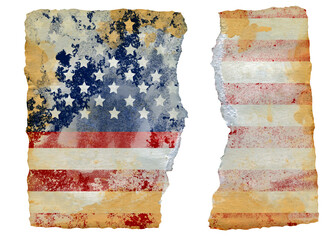 torn photography of a grungy USA flag, division concept, isolated on white background