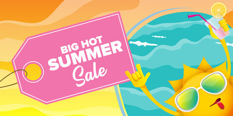 summer sale cartoon horizontal web banner or vector label with happy sun character wearing sunglasses and holding cocktail isolated on horizontal background
