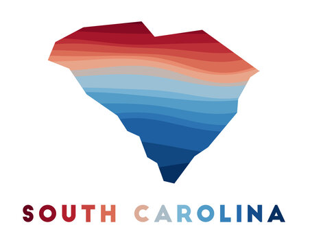 South Carolina map. Map of the us state with beautiful geometric waves in red blue colors. Vivid South Carolina shape. Vector illustration.