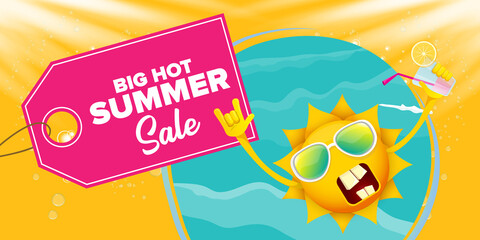 summer sale cartoon horizontal web banner or vector label with happy sun character wearing sunglasses and holding cocktail isolated on horizontal background