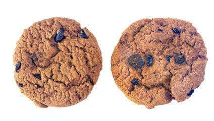 Top view two piece of chocolate chips isolated on white background , homemade dessert concept.
