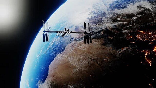International space station orbiting the earth during sun drifts. Floating spaceship in the univers, shuttle into atmosphere. Images from NASA. 3D render animation