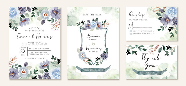 wedding invitation set with rustic blue green floral watercolor