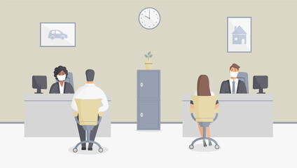 Bank office or insurance company is open during epidemic of virus. Employees in protective medical masks serve customers.Interior with safe and paintings with house and car.Raster illustration