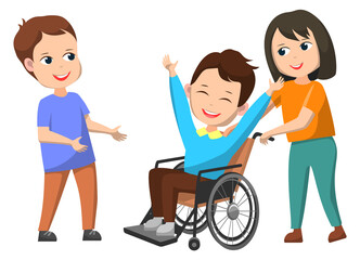 Disable kid in wheelchair smiling character vector, isolated kiddo helping invalid child. Boy with special needs and girl pushing chair. Back to school concept flat cartoon, love charity of classmates