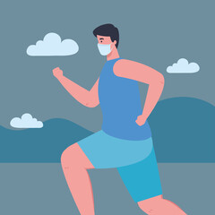 man running wearing medical mask outdoor, prevention coronavirus covid 19
