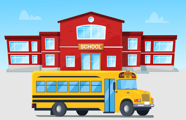 Modern bright yellow bus in front of red brick school building. Educational institution, car, vehicle, automobile driving on city road vector illustration. Back to school concept. Flat cartoon