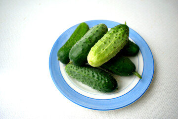 several cucumbers on a plate, isolated, close-up