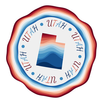 recommend clip art: Utah badge. Map of the us state with beautiful geometric waves and vibrant red blue frame. Vivid round Utah logo. Vector illustration.