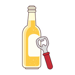 bottle of beer with bottle opener on white background