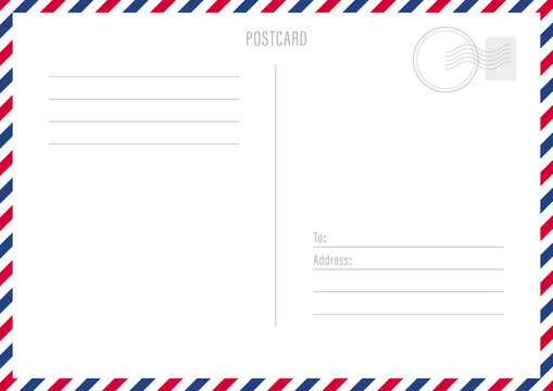 Postcard reverse side template. White sheet with lined text and striped border. Vector illustration.