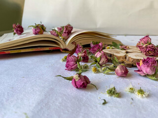 tea roses close-up on the background of a notebook book