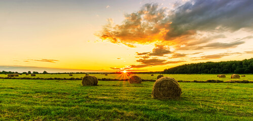 Scenic view at picturesque sunset in a green shiny field with hay stacks, bright cloudy sky , trees and golden sun rays with glow, summer valley landscape © Yaroslav