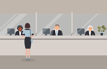 Bank office interior:Bank employees sit behind a barrier with glass and serve the Bank customers.Elegant interior financial institution.Female client stands near the Bank counter. Raster illustration