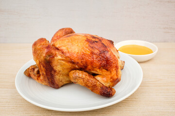 Roast chicken on white background