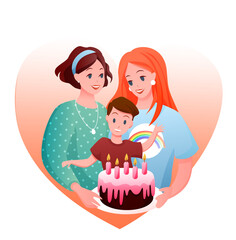 Lesbian family celebration vector illustration. Cartoon flat happy woman parent characters with boy kid celebrating child birthday with gift cake, LGBT parenting isolated on white
