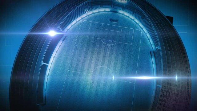 Animation of aerial view of empty blue sports stadium with Stadium text in the foreground