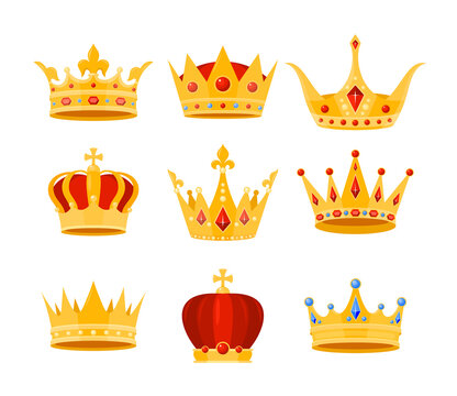 Golden crown vector illustration set. Cartoon flat gold royal medieval collection of luxury monarch crowning jewel headdress for king, emperor or queen, monarchy imperial symbols isolated on white