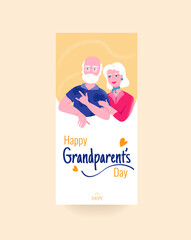 Happy grandparents day colorful social media story template with smiling grandfather and grandmother on yellow background. Beautiful elderly couple. Family bondings