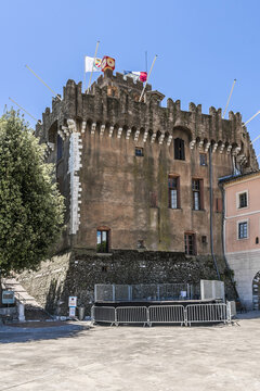 External view of Crenellated Chateau - Museum de Cagnes (built in 1310 by Grimaldi). Cagnes-sur-Mer (between Nice and Cannes) - commune of Alpes-Maritimes department, Cote d'Azur region, France.