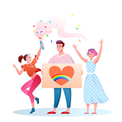 LGBT pride parade vector illustration. Cartoon flat happy homosexual and transgender people with LGBT rainbow flag have fun on festival parade for human rights