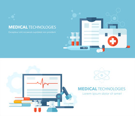 Medical science technology concept flat vector illustration set. Landing page design template with cartoon laboratory research scientific equipment, hospital medicine diagnosis and treatment items