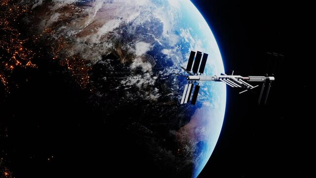 International Space Station flighting above the light of the planet. Orbiting spaceship in the univers, shuttle into atmosphere. Images from NASA. 3D render animation