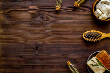 Set of herds for hair health care. Cacao butter and herbal oil. Top view