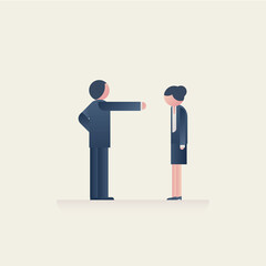 Male boss scolding or reprimanding female worker. Symbol of gender inequality, discrimination, man domination.