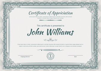 Official green guilloche border for certificate. Vector illustration.