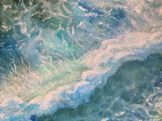 Hand drawn oil paint blue green sea waves