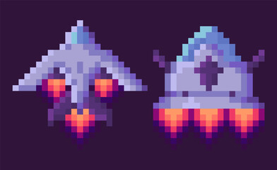 Fototapeta premium Pixel game vector, isolated set of spaceship run of fuel, outer space exploration, video gaming retro flat style. 8 Bit space ships with wings and flames, pixelated cosmic object for mobile app games