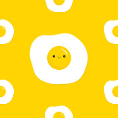 Fried scrambled egg icon. Seamless pattern. Top view closeup. Breakfast menu. Cute cartoon food. Flat design. Yellow background. Isolated.