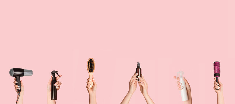 Collage with female hands holding different hair care products and equipment over pink background, copy space