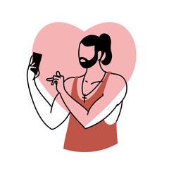 Young man in love with cell phone in hand