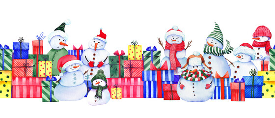 Seamless banner with funny snowmen and colorful gift boxes.