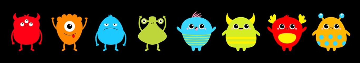 Monster set line. Happy Halloween. Cute kawaii cartoon sad character icon. Eyes, horns, hands up, tongue. Funny baby collection. Colorful silhouette. Isolated. Black background. Flat design.