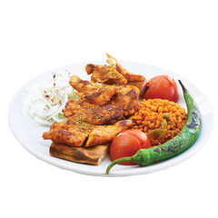 Grilled chicken steak served on plate with salad vegetables
