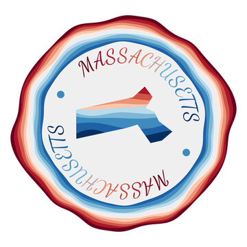 Massachusetts badge. Map of the us state with beautiful geometric waves and vibrant red blue frame. Vivid round Massachusetts logo. Vector illustration.