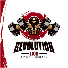 Lion with strong body, fitness club or gym logo. Design element for company logo, label, emblem, apparel or other merchandise. Scalable and editable Vector illustration