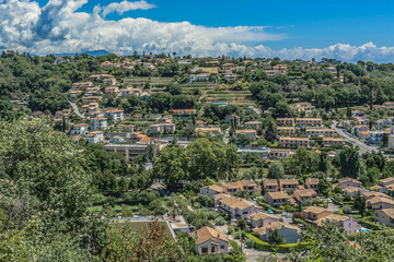 Fototapeta na wymiar View of picturesque valley in Cote dAzur from Cagnes-sur-Mer. Cagnes-sur-Mer (between Nice and Cannes) - commune of Alpes-Maritimes department in Provence Alpes - Cote d'Azur region, France. Europe.