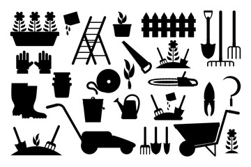 Gardening equipment icon isolated on white. Garden stencil. Vector stock illustration. EPS 10